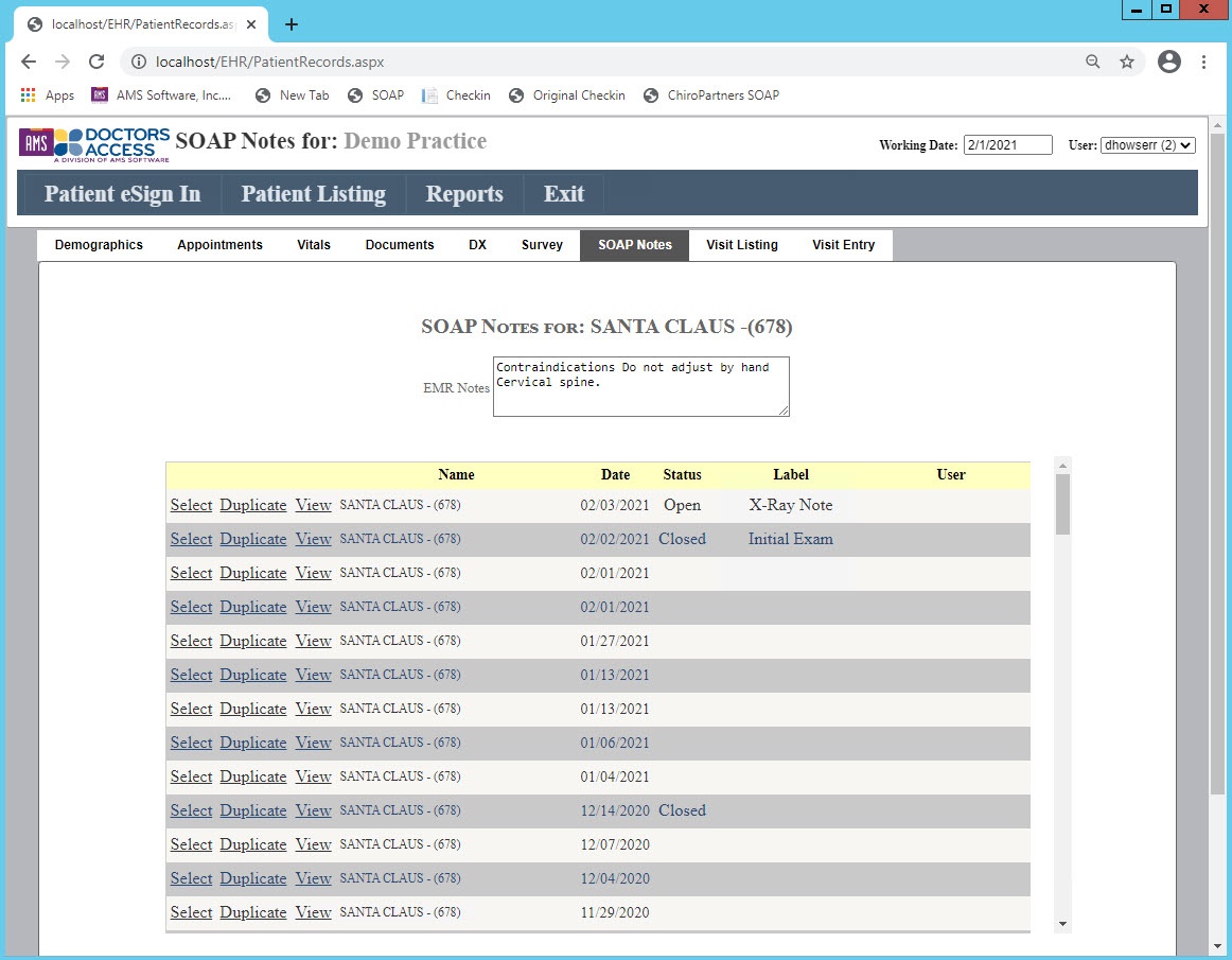 SOAP note list view screenshot